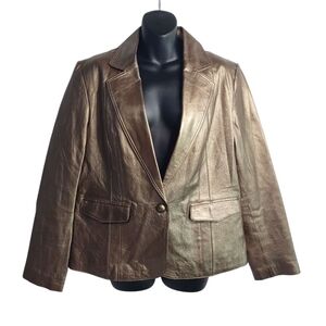 Worthington Leather Jacket Womens Brown Metallic Buttons Flap Pockets Li…